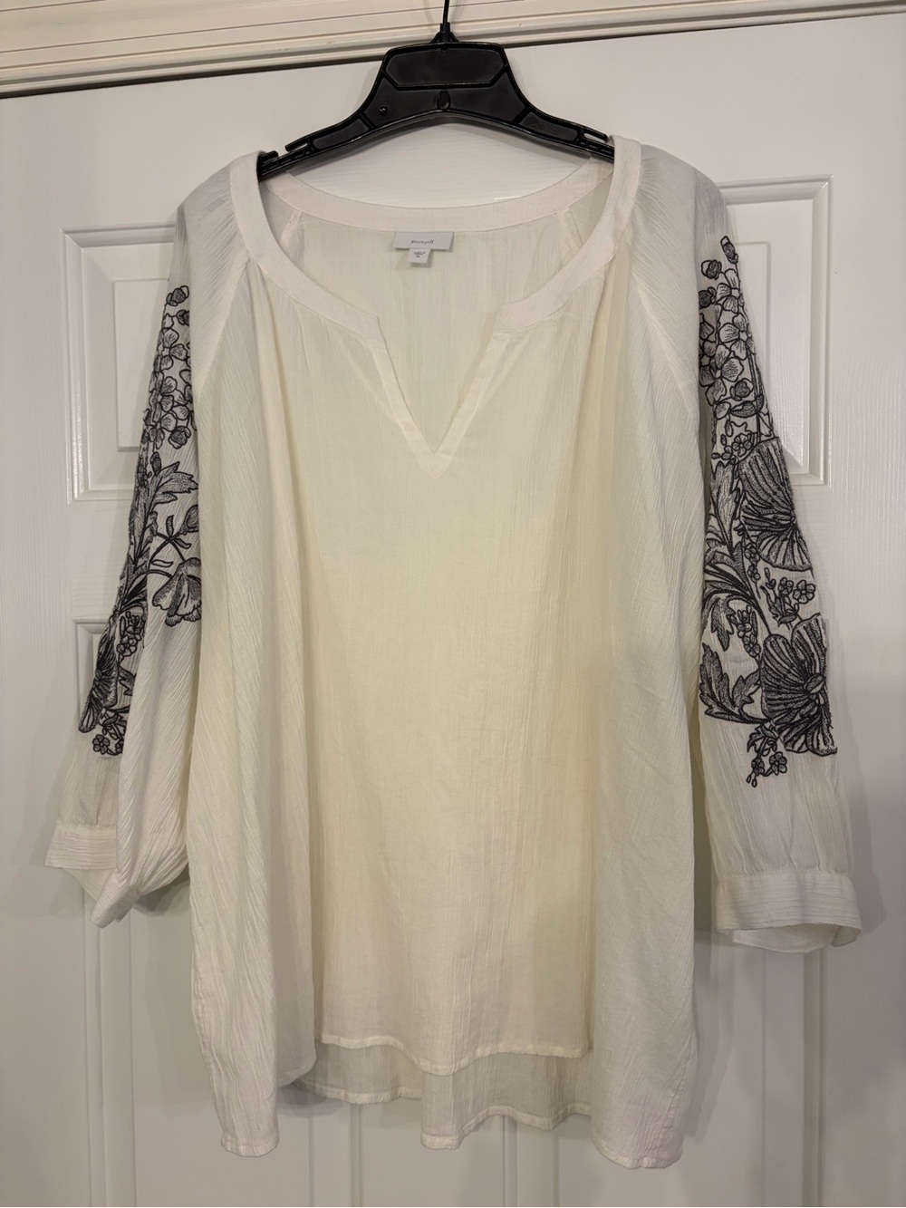 Embroidered Peasant Blouse - White with Black Floral Sleeves